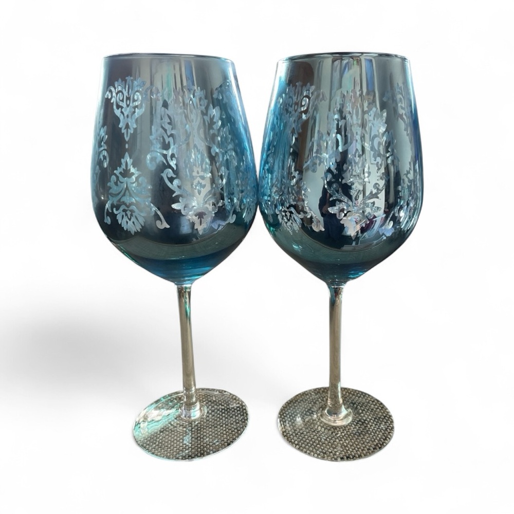 Artland Blue Damask Wine Glasses Set of 2 Silver Overlay Goblets 10oz